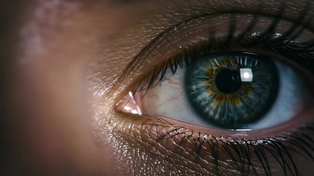 Macro close-up of a striking blue iris, revealing the intricate beauty of a human eye with delicate lashes and a focused pupil
