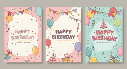 Colorful Birthday Card Set with Balloons Party Banners and Gifts for Celebration