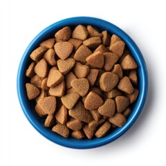 Small blue bowl filled with light brown triangular pet food