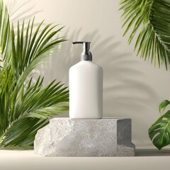 White pump bottle on stone pedestal, tropical foliage
