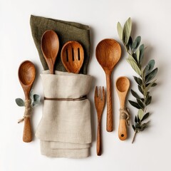 Wooden kitchen utensils on a napkin, with greenery