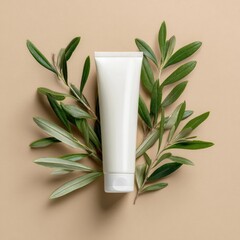 Cream tube surrounded by fresh olive leaves