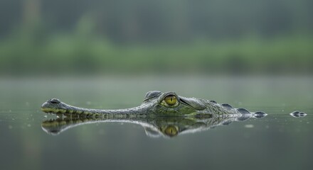 Fototapeta premium Close-up of a gharial's head emerging from calm water, its yellow eye focused. Wildlife portrait reflecting nature's serenity and predator instinct.