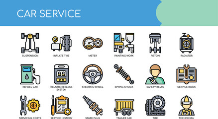 Comprehensive Car Service Icons  Alignment, Tires, Engine, Maintenance & Repair Illustrations for Automotive Websites and Applications