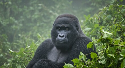 Obraz premium Powerful silverback gorilla standing on a rock in lush green jungle. Majestic wildlife portrait for nature, conservation, and animal themes.