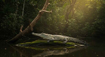 Gavial, Endangered gharial surfaces in a jungle river, its long snout breaking the water.