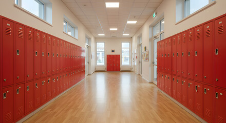 Bright School Hallway with Red Lockers and Natural Light