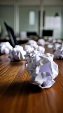 Close-up of crumpled paper balls scattered on a glossy wooden table in bright office room with sunlight filtering through the window.