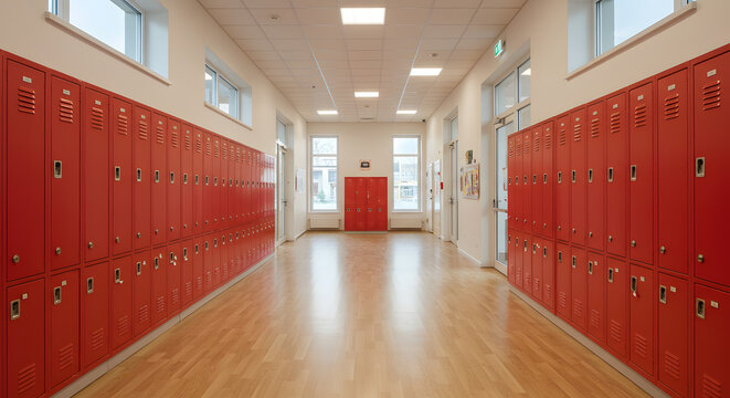 Bright School Hallway with Red Lockers and Natural Light