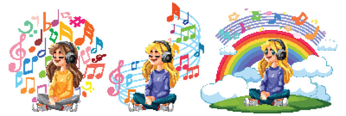 Girls Enjoying Music with Colorful Backgrounds