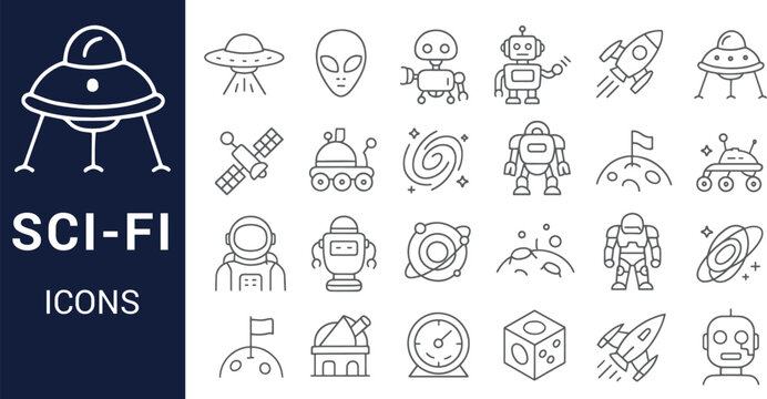 Sci-Fi Icon Set Space, Aliens, Robots, and More - Vector Illustrations