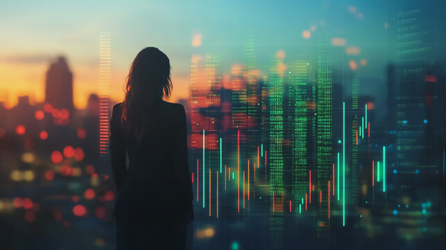 business woman stands on the peak of success amid tall, innovative Smart city and graphs with statistics to analyze business potential and predict future developments in company growth., innovative
