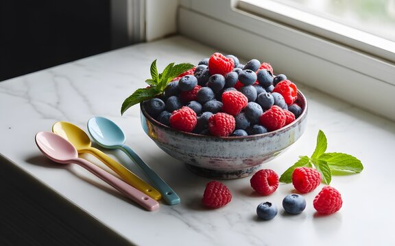 A vibrant arrangement of fresh blueberries and raspberries with colorful spoons on a marble surface - Powered by Adobe