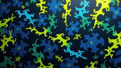 Obraz premium Abstract Psychedelic Swirls Teal Green and Yellow Organic Shapes on Black Background