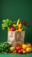 create a vibrant photo of fresh vegetables and fruits overflowing from a paper bag against a dark green background under soft light