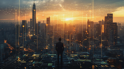 Obraz premium business man stands on the peak of success amid tall, innovative Smart city and graphs with statistics to analyze business potential and predict future developments in company growth., innovative 