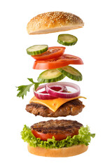 Burger ingredients levitation isolated on transparent background