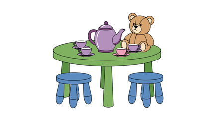 A Small Child's Tea Party with a Teddy Bear on a Green Table