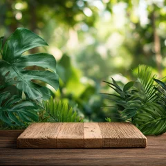 Rustic wooden platform in a lush jungle setting © my