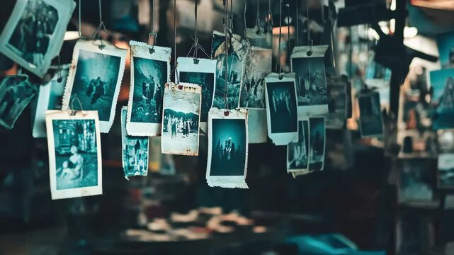 Hanging developed photos create a nostalgic atmosphere in a dimly lit room, Developed Photos Hanging In Dark Room