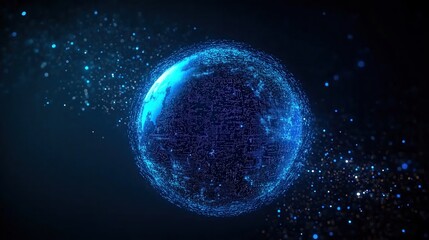  An Abstract Digital Planet Earth Composed of Glowing Blue Particles on a Dark Background, Showcasing the Future Concept of AI Technology and Leading Tech Trends