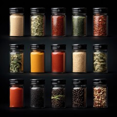 Glass spice jars filled with various herbs and spices against a black backdrop