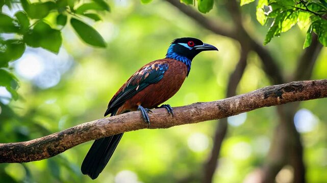 Wild Green Billed Coucal perched on branch amidst lush greenery in Yal, Wild Green Billed Coucal bird on tree branch in Yala national park in Sri Lanka