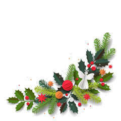 Paper cut template. Christmas vector greeting card. Christmas tree, balls, and a decor isolated on a white background. Winter frame for holidays with place for text.
