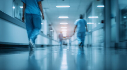 Doctors and nurses walking in a hospital corridor, representing teamwork, health, patient care, and modern medicine.