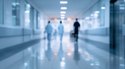 Modern hospital hallway with medical professionals in uniform, reflecting healthcare, treatment, and medical care services.
