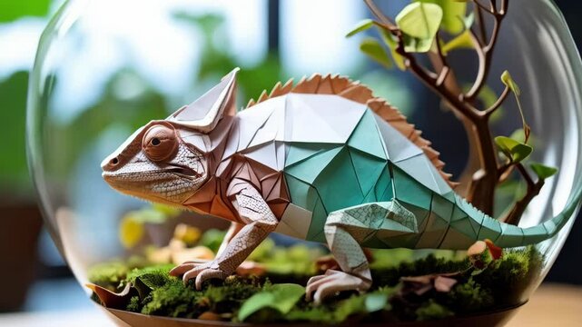 Conceptual polygon chameleon in glass terrarium sitting on moss with a small tree and bright leaves, artificial geometric animal figure.