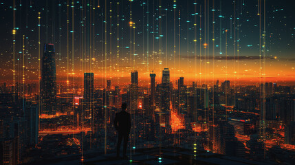 Obraz na płótnie Canvas business man stands on the peak of success amid tall innovative Smart city with connection network reciprocity over the cityscape social media networking systems that connects on the peak of succes