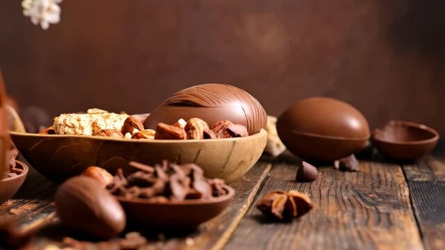Elegant arrangement showcasing chocolate Easter eggs, nuts, and spices on a rustic wooden surface