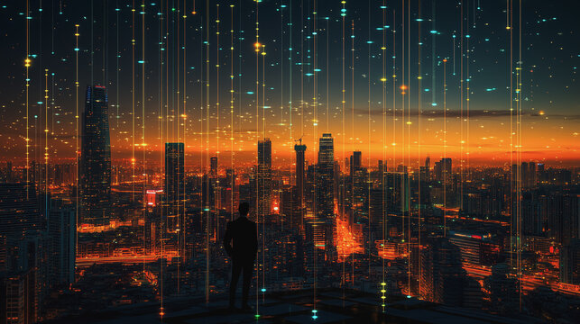 business man stands on the peak of success amid tall innovative Smart city with connection network reciprocity over the cityscape social media networking systems that connects on the peak of succes - Powered by Adobe