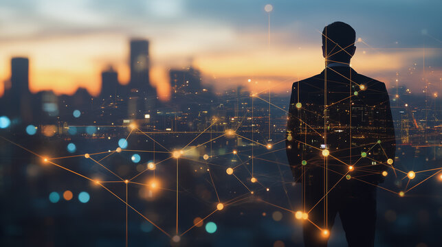 business man stands on the peak of success amid tall innovative Smart city with connection network reciprocity over the cityscape social media networking systems that connects on the peak of succes