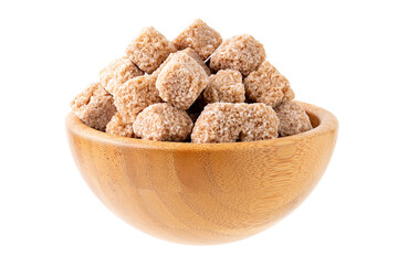 Brown Sugar Cubes in Wooden Bowl Isolated on White Background
