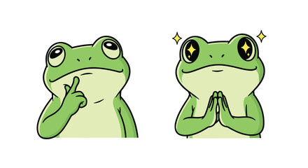 Obraz premium Two Cute Green Frogs Depicted In Animated Style Displaying Different Expressions And Postures