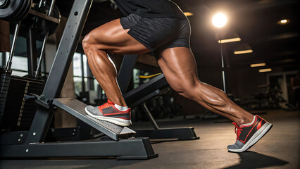 Detailed Leg Press Exercise Scene Featuring Muscular Legs Shoes and Equipment Perfect for Gym Enthusiasts