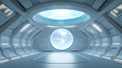 Fototapeta premium Interior View of a Spacecraft with a Circular Window Overlooking Earth