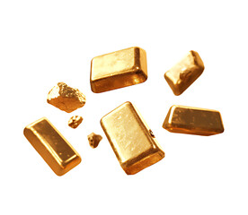 A collection of gold bars and raw gold nuggets falling against a stark white backdground