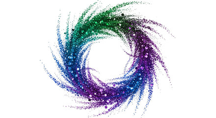 Vibrant green, blue, and purple glitter swirl forming a dynamic circular vortex, isolated on white & transparent background. Perfect for New Year's Eve celebrations, birthday party invitations,