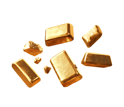 A collection of gold bars and raw gold nuggets falling against a stark white backdground