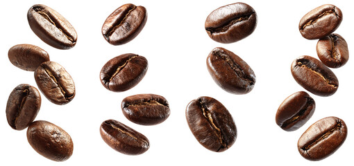 Obraz premium Aromatic Roasted Coffee Bean PNG set Transparent background