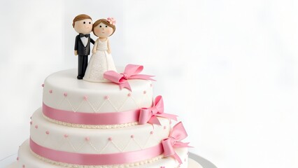 Elegant wedding cake on white background.