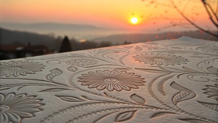 Embossed Paper Pattern with Delicate Shadow and Orange Sun.