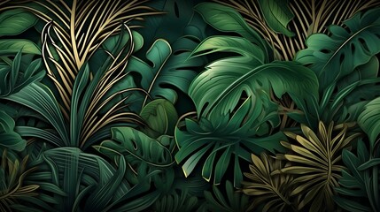 Fototapeta premium Tropical green palm leaves background with natural foliage pattern