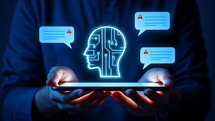 Glowing digital head displays urgent alerts on a smartphone