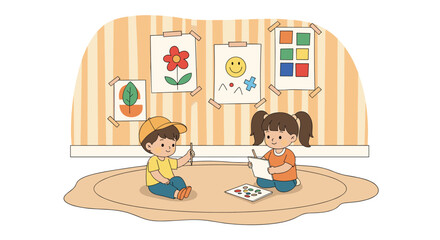 Fototapeta premium Children Drawing Pictures on Paper While Sitting on a Round Rug on the Floor