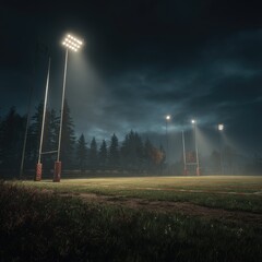 Empty sports field at night, floodlights illuminating the misty, dark landscape