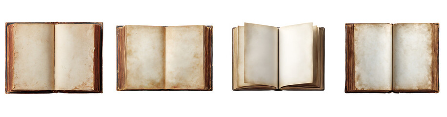 Old Open Book with Blank Page Texture, Transparent background PNG set